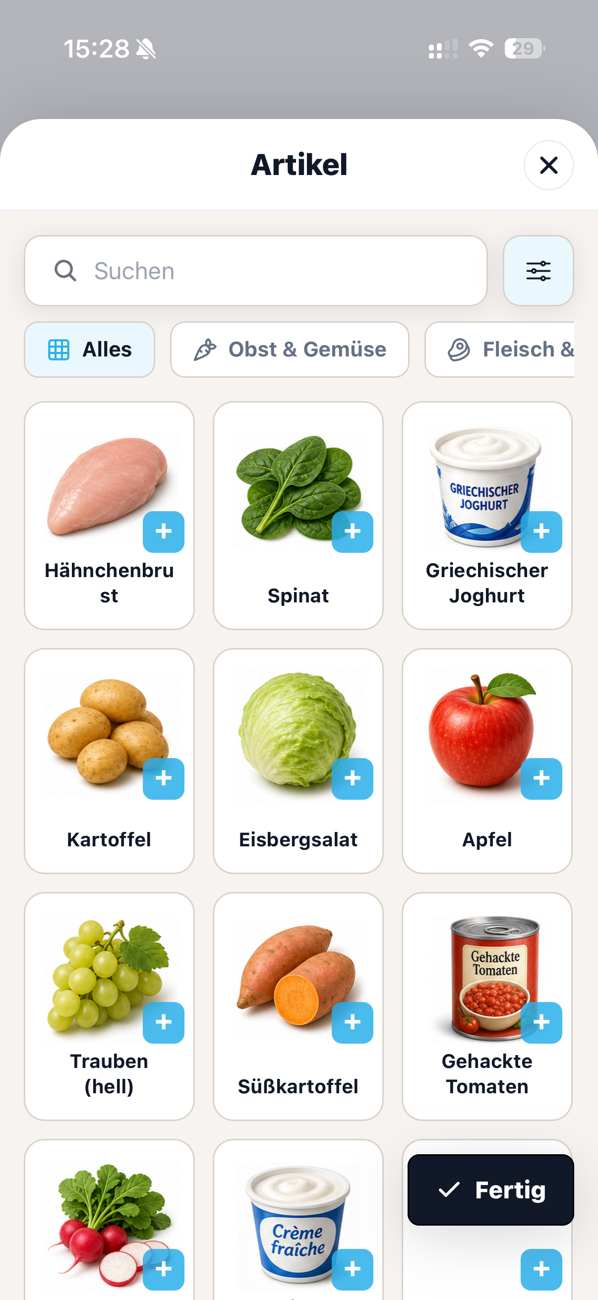 cocoduro Artikelsuche mit Lebensmittelbildern, Kategorien und Schaltflächen zum Hinzufügen