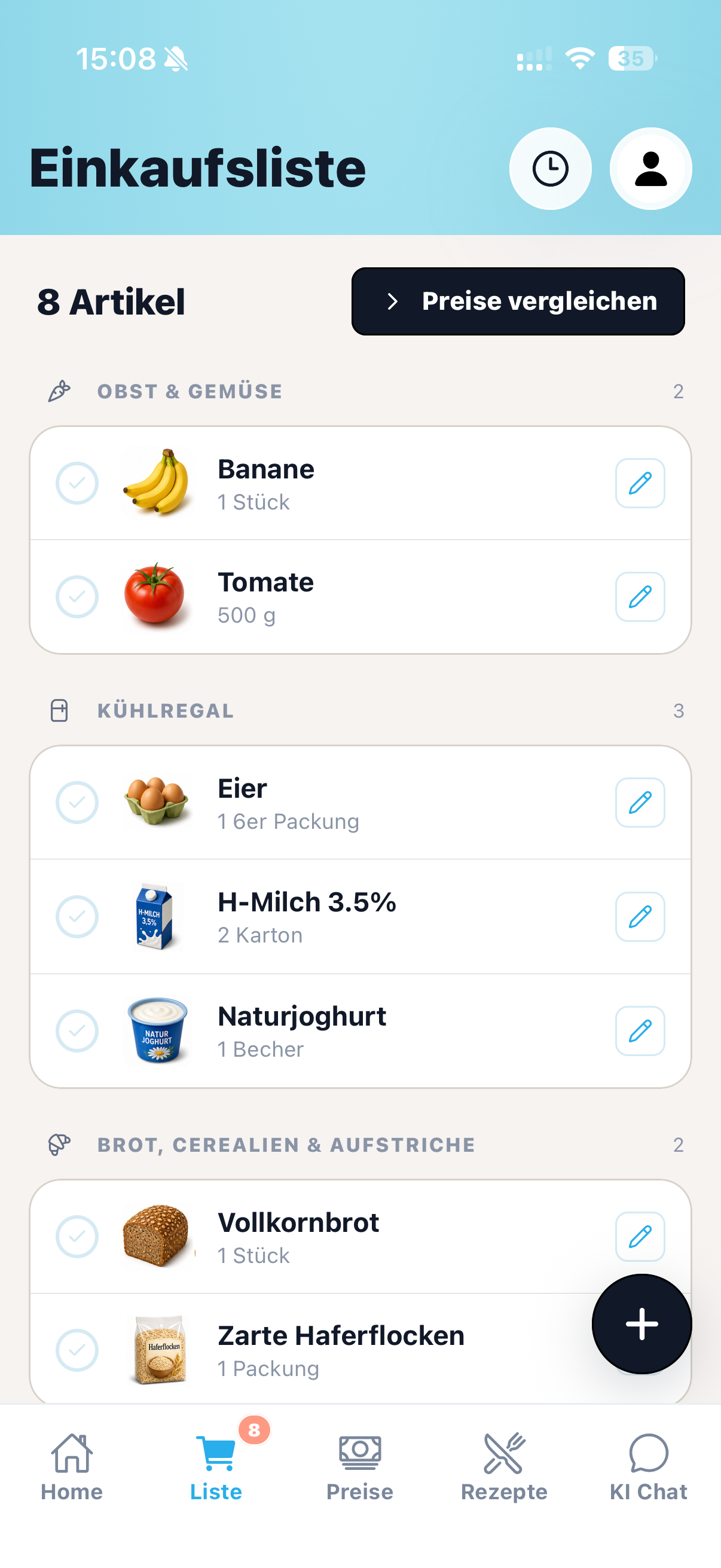 cocoduro Einkaufsliste mit Lebensmittelbildern, Mengen und Sortierung nach Supermarktbereichen
