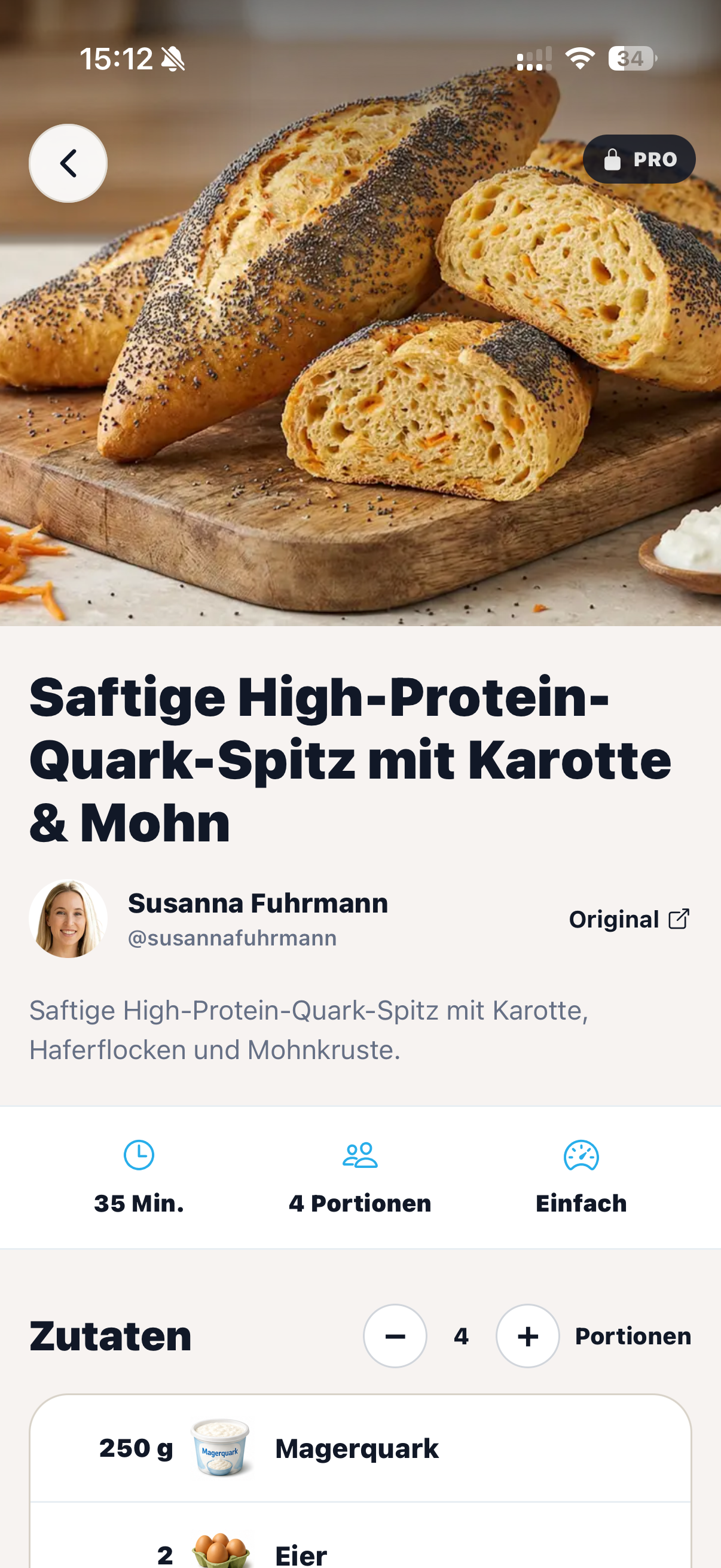 cocoduro Rezeptdetailansicht mit Creator, Zubereitungszeit, Portionen und Zutaten