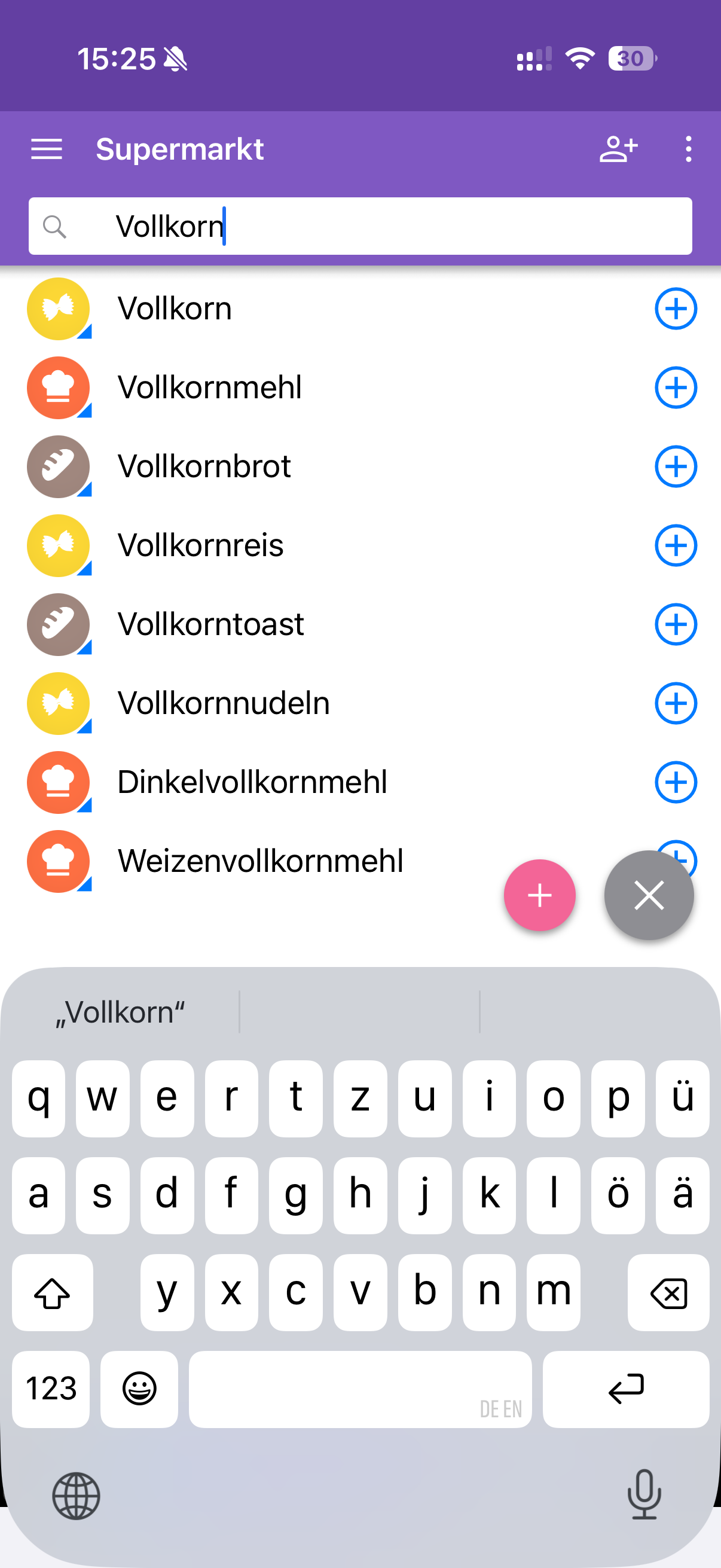 Die Einkaufsliste mit Suchergebnissen für Vollkorn und farbigen Kategorie-Icons