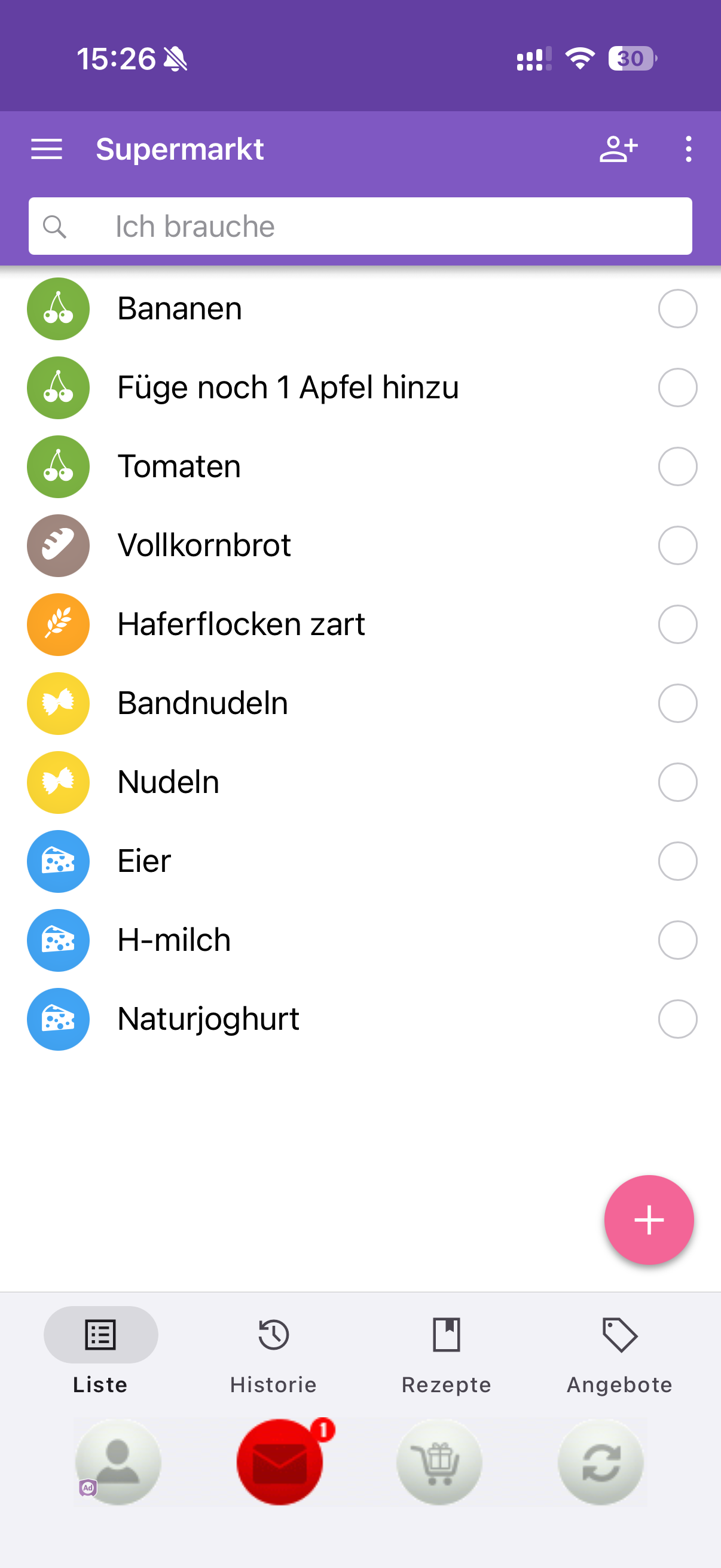 Die Einkaufsliste mit dem unverändert übernommenen Listeneintrag Füge noch 1 Apfel hinzu