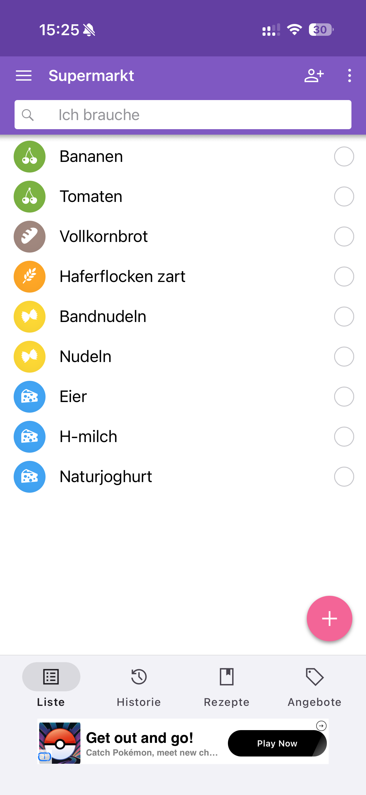 Die Einkaufsliste mit textbasierten Lebensmitteln, Kategorie-Icons, Checkboxen und Werbebanner