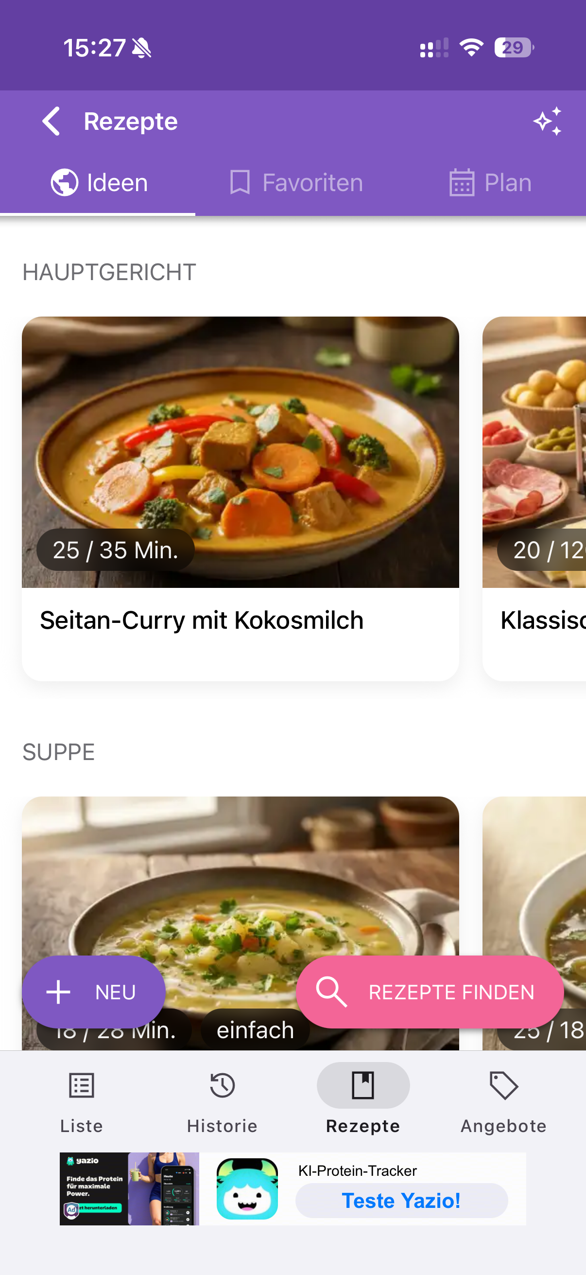 Die Einkaufsliste Rezeptübersicht mit bebilderten Hauptgerichten und Suppen