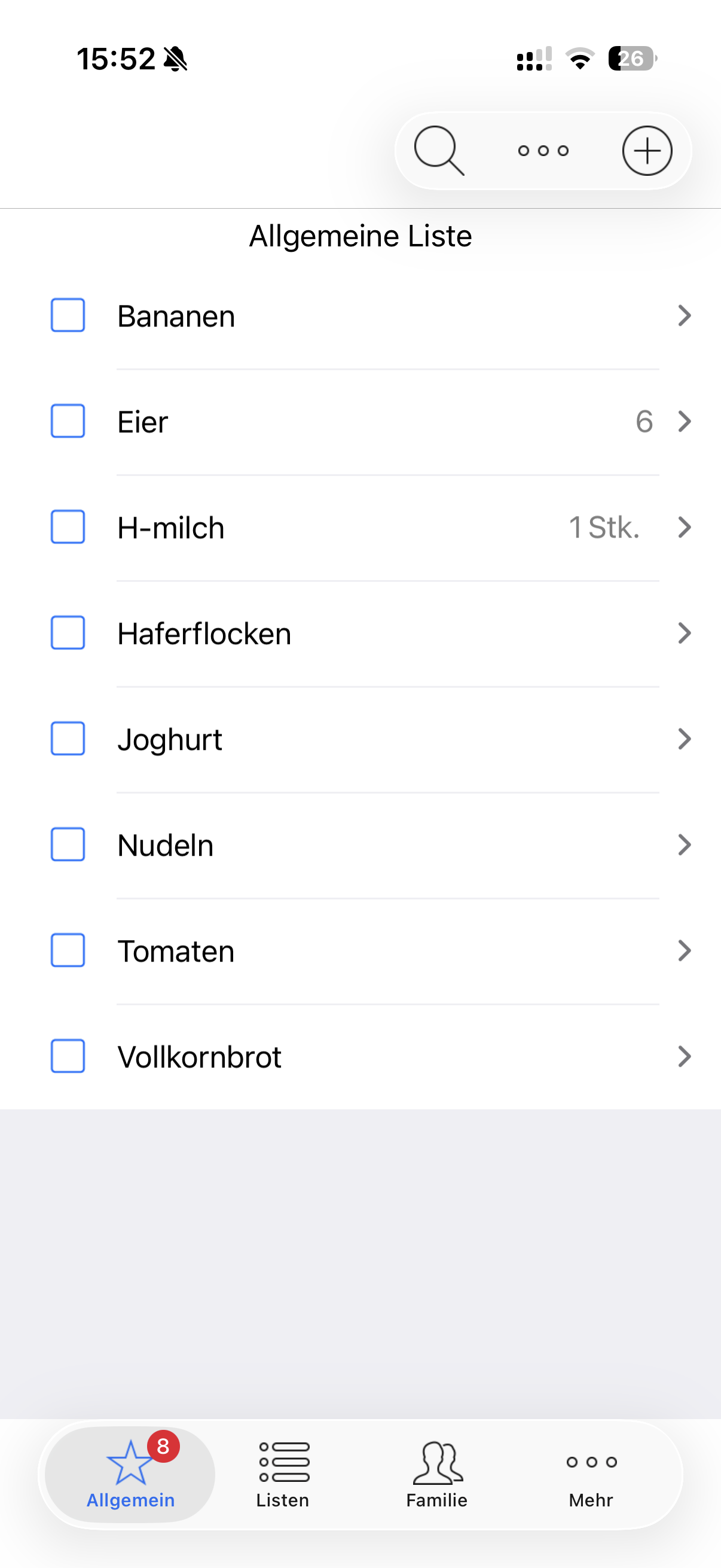 Shopping Share mit allgemeiner Liste, textbasierten Artikeln und Checkboxen