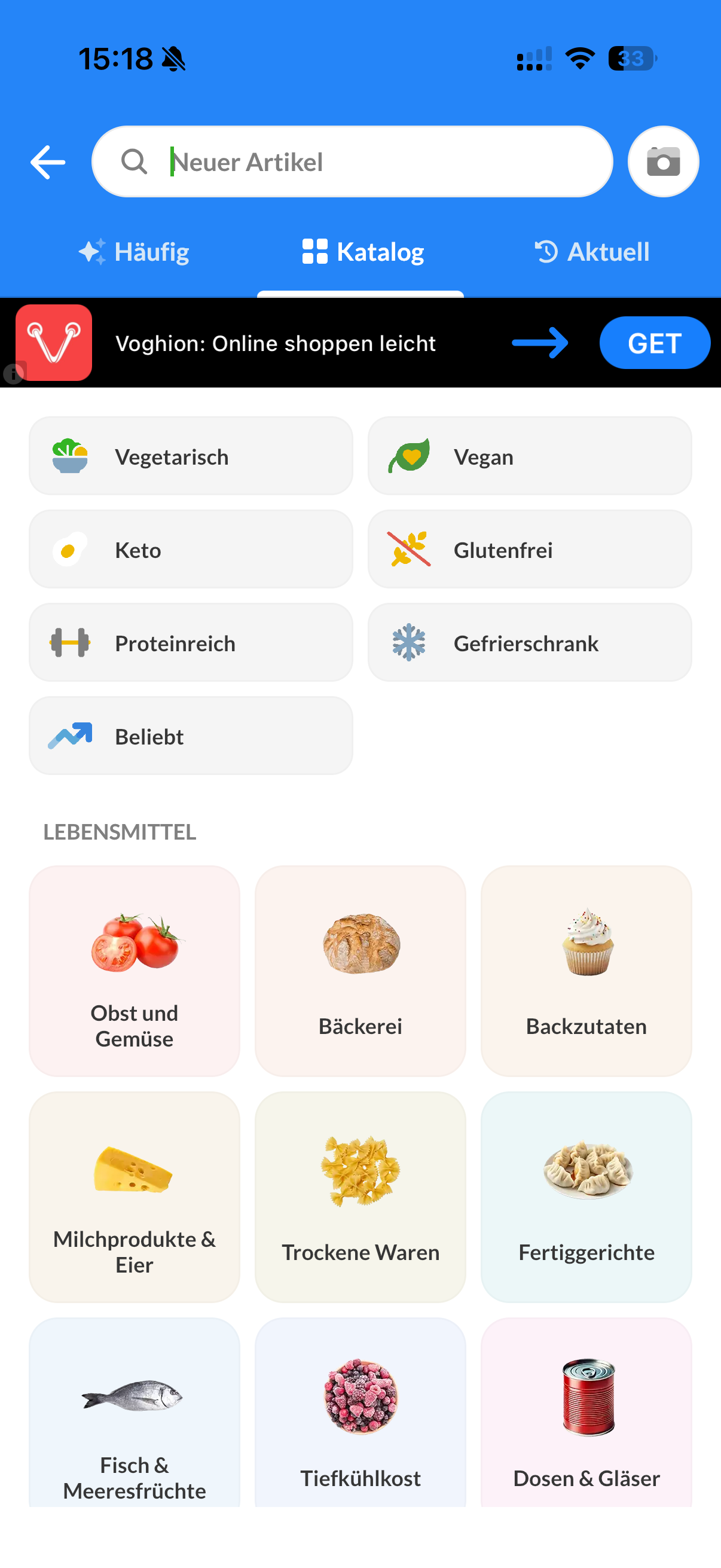 Listonic Artikelkatalog mit bebilderten Lebensmittelkategorien und Werbebanner