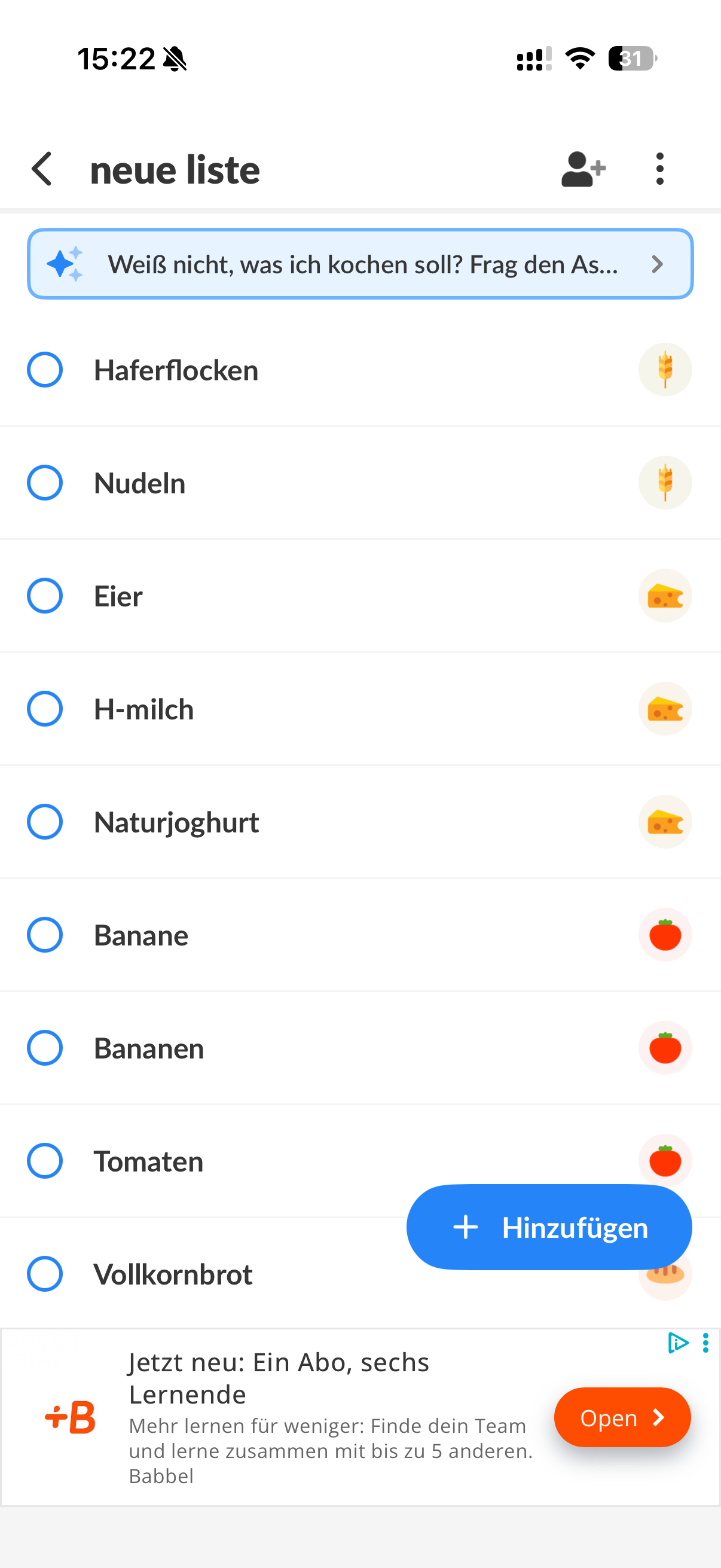 Listonic Einkaufsliste mit textbasierten Artikeln, kleinen Kategorie-Icons und großer Werbeanzeige