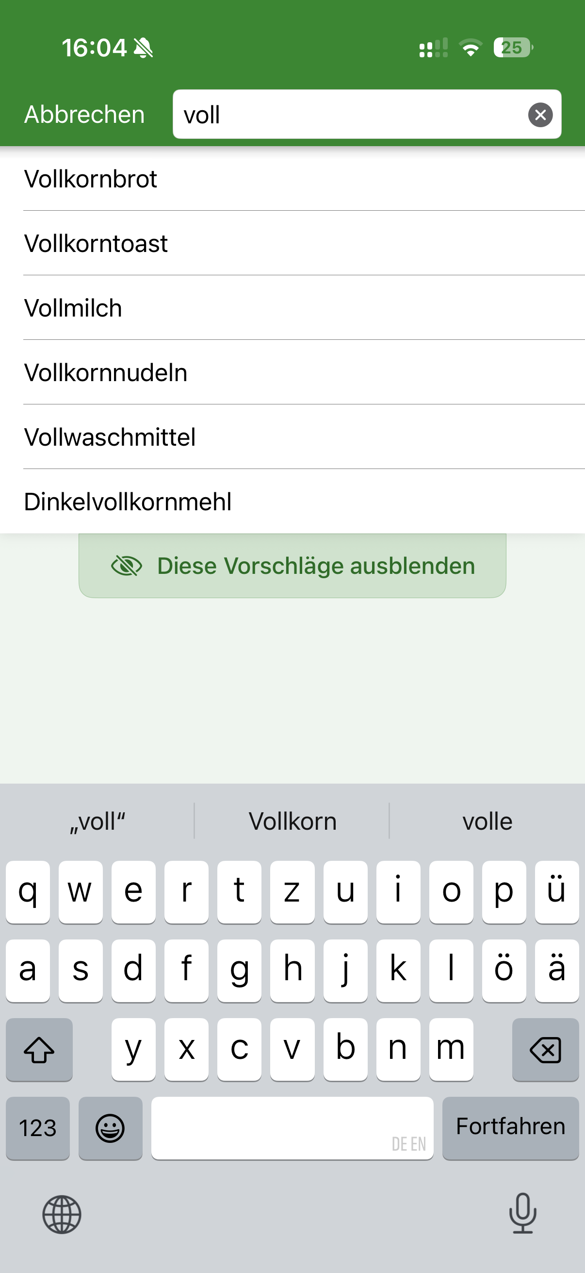 OurGroceries Artikelsuche mit textbasierten Vorschlägen für Vollkornprodukte