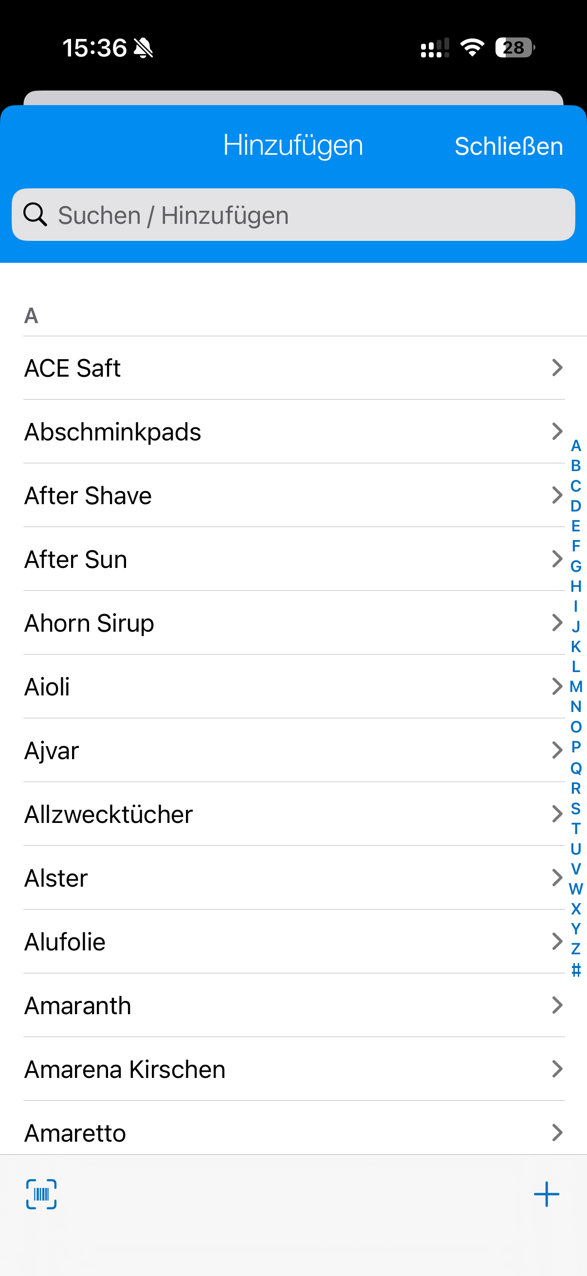 pon Artikelkatalog mit alphabetischer Produktauswahl, Suchfeld und Barcode-Schaltfläche