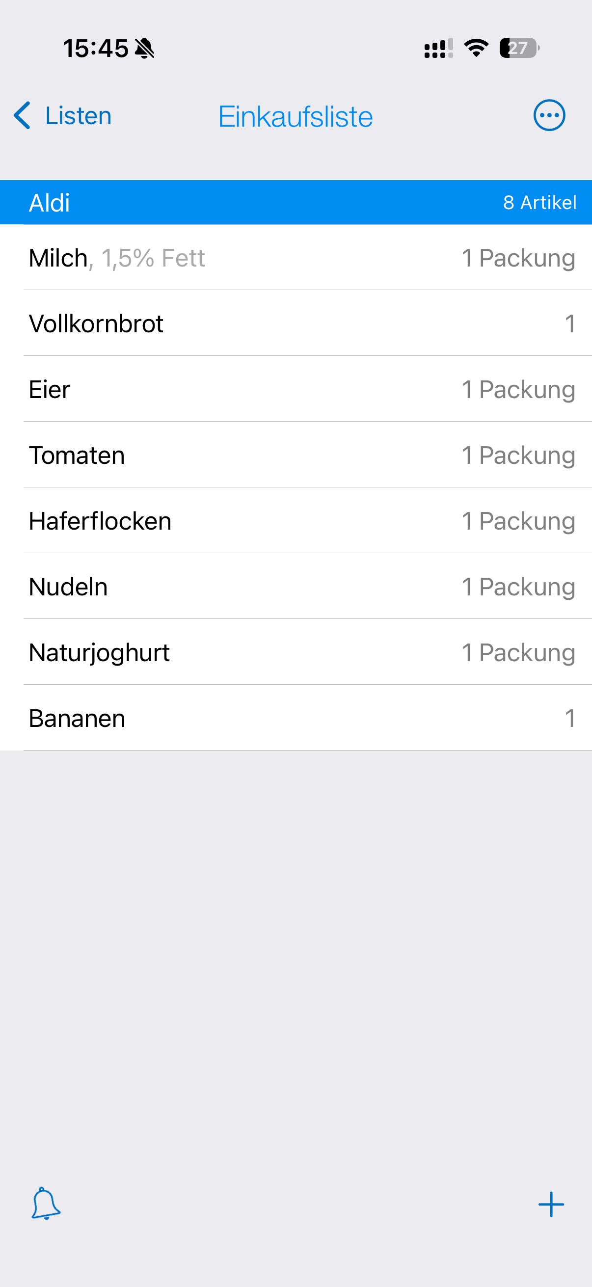 pon Einkaufsliste für den Einkaufsort Aldi mit Artikeln, Mengen und Einheiten