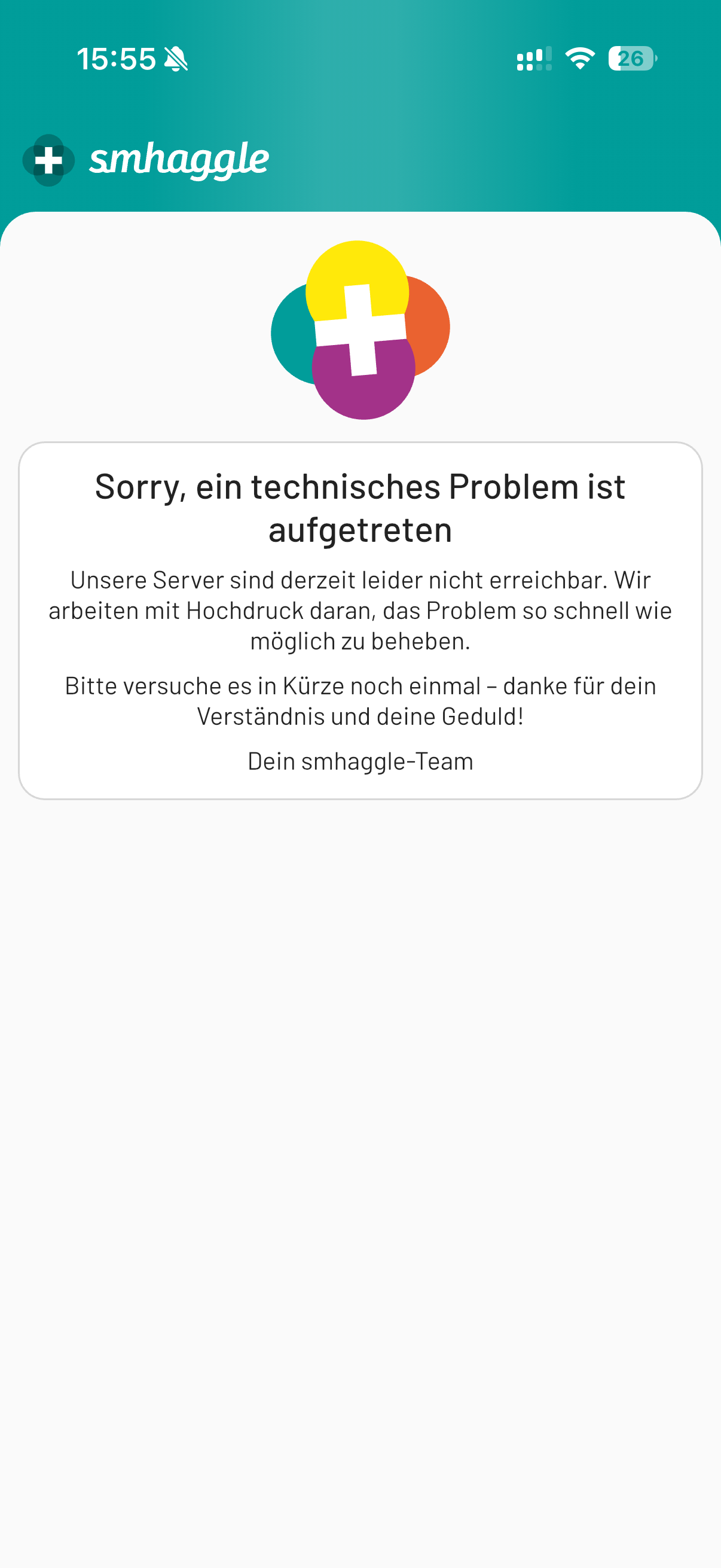 smhaggle App mit Hinweis auf ein vorübergehendes technisches Serverproblem