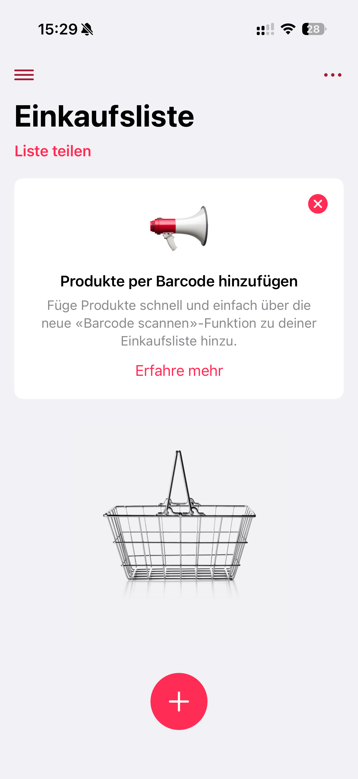 WeNeed Einkaufsliste mit Hinweis auf das Hinzufügen von Produkten per Barcode-Scanner