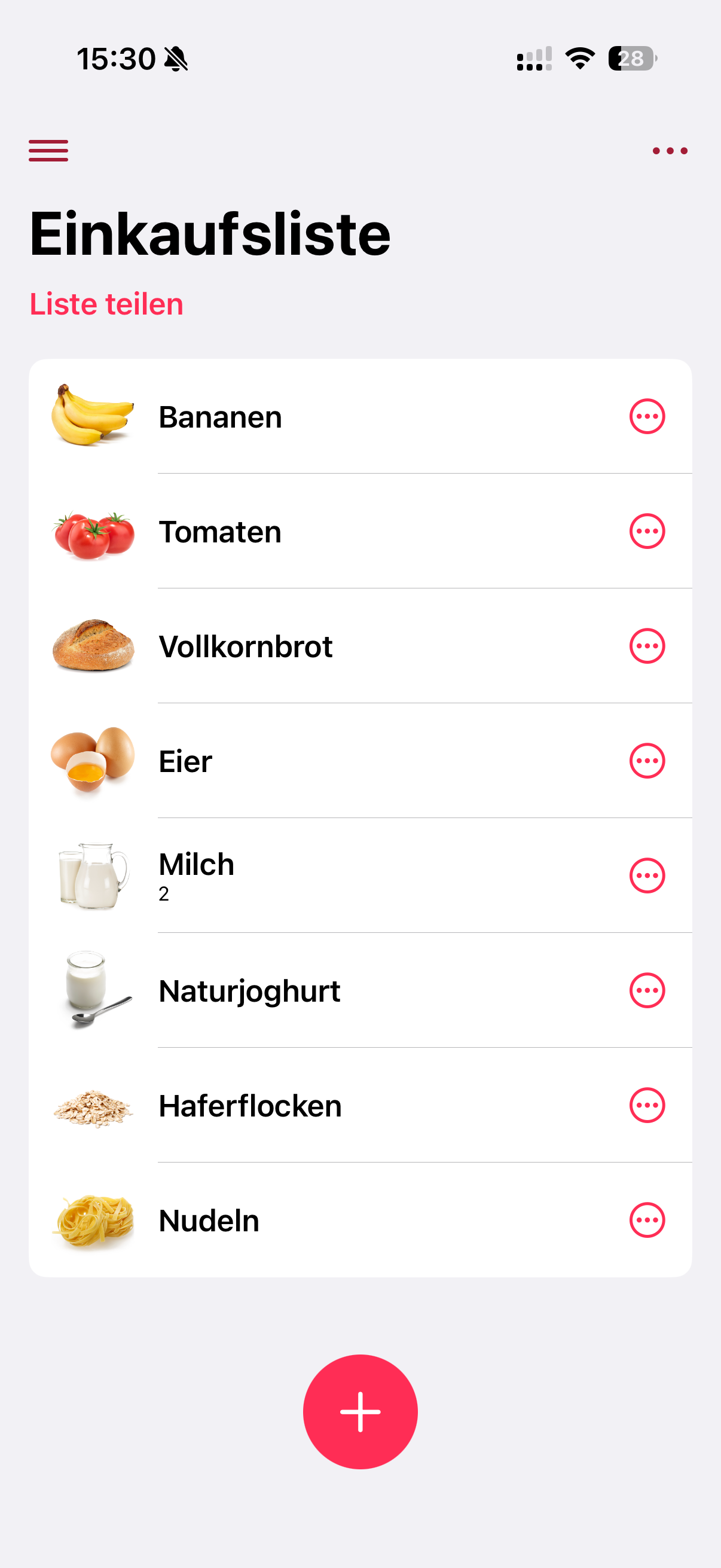 WeNeed Einkaufsliste mit Lebensmittelbildern, Artikeln und Schaltfläche zum Teilen der Liste