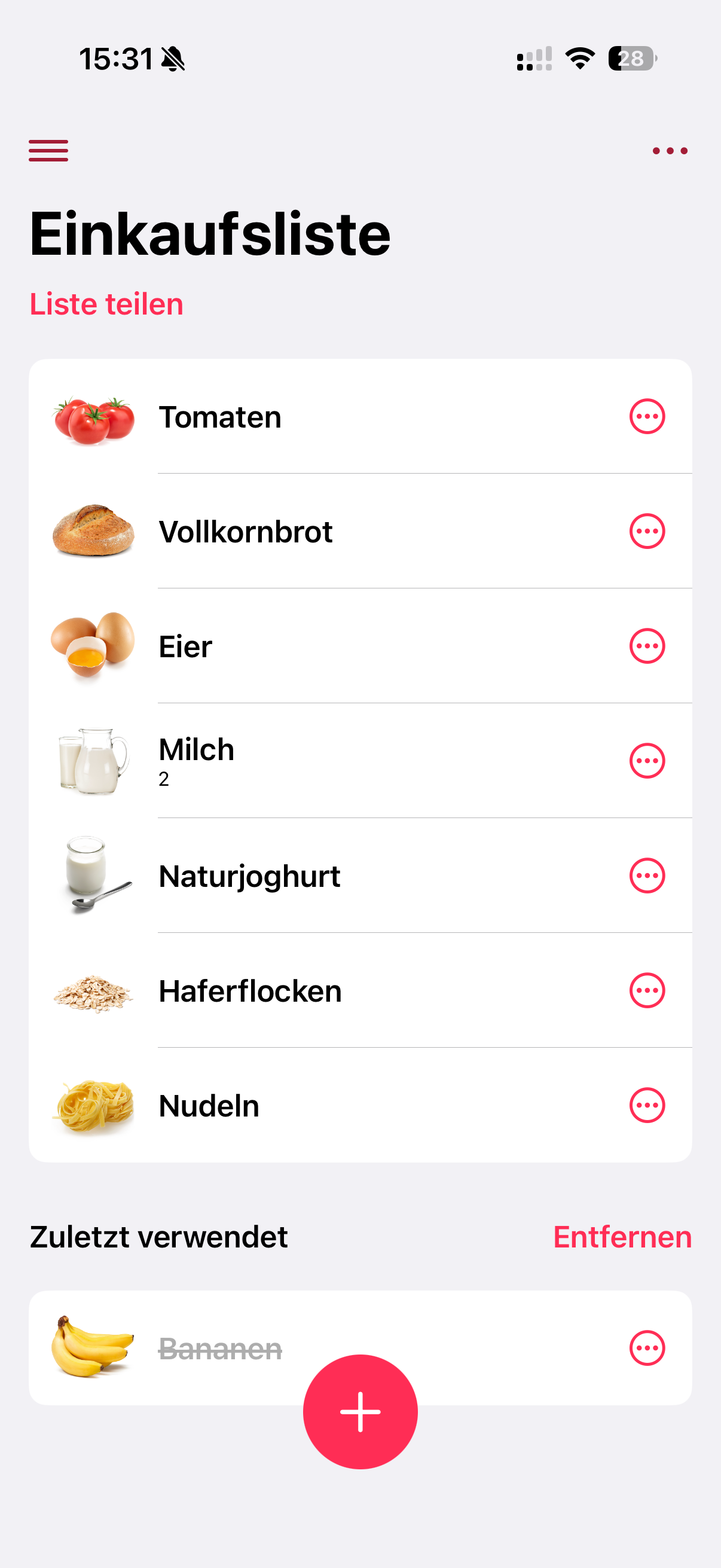 WeNeed Einkaufsliste mit Lebensmittelbildern und Bereich für zuletzt verwendete Artikel
